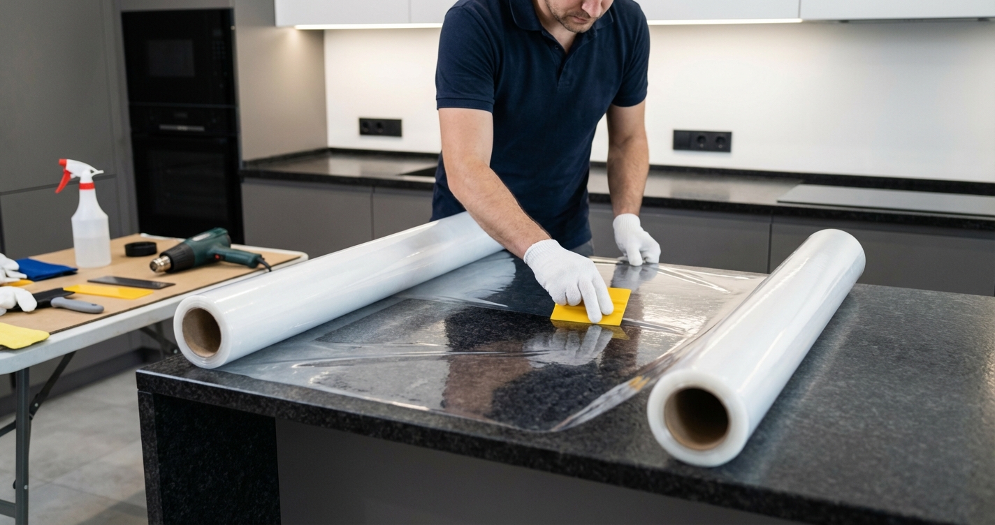 Оклейка столешницы полиуретановой плёнкой: процесс, цены, результат